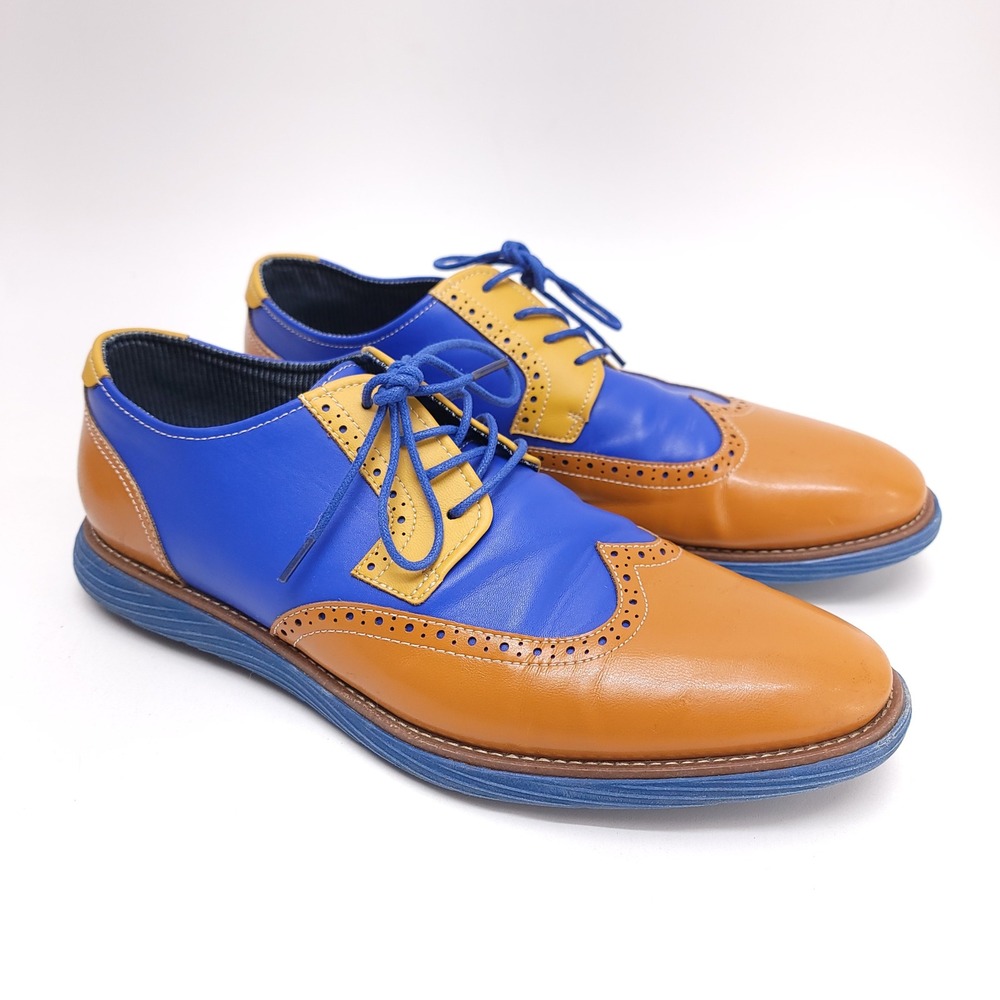 Meijiana Mens Wingtip Oxford Shoes Tan Blue Yellow Tri-Color Brogue Size 12